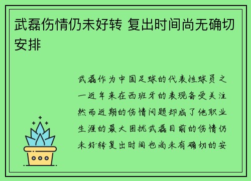 武磊伤情仍未好转 复出时间尚无确切安排
