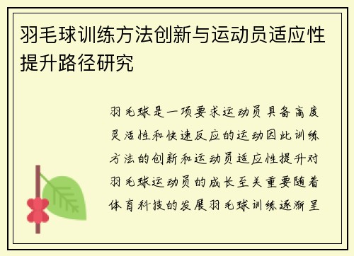 羽毛球训练方法创新与运动员适应性提升路径研究